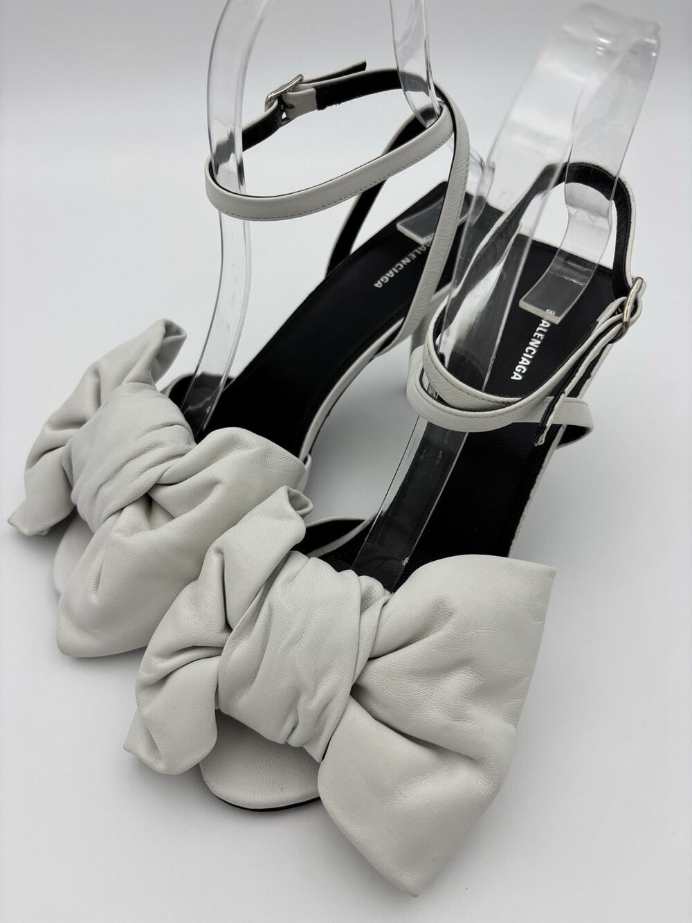 Balenciaga Knife Bow Sandals White Leather Size 37 / 7 Ankle Strap Pillow Puff
